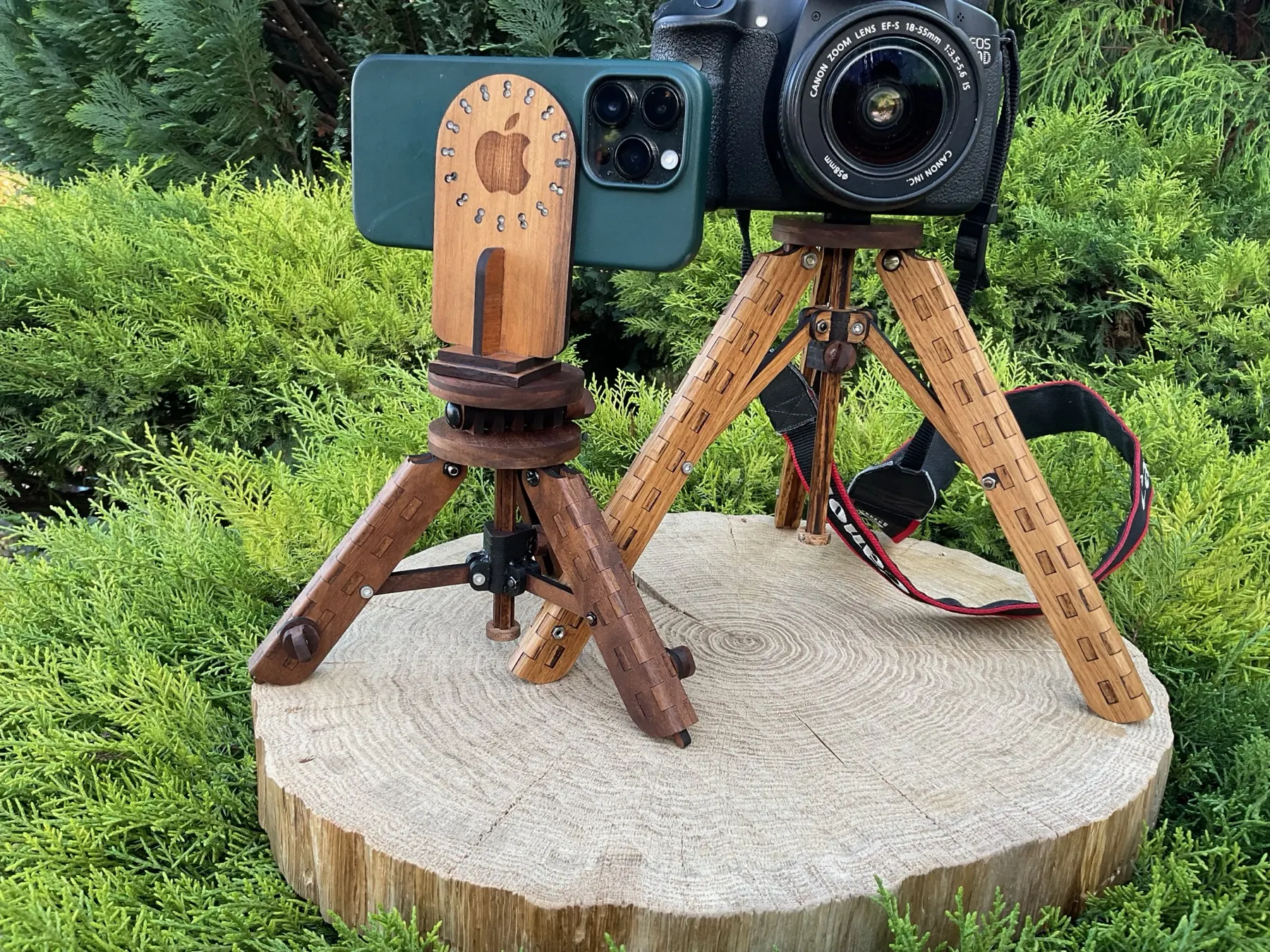 Foldable Wooden Tripod: phone and DSLR versions in use