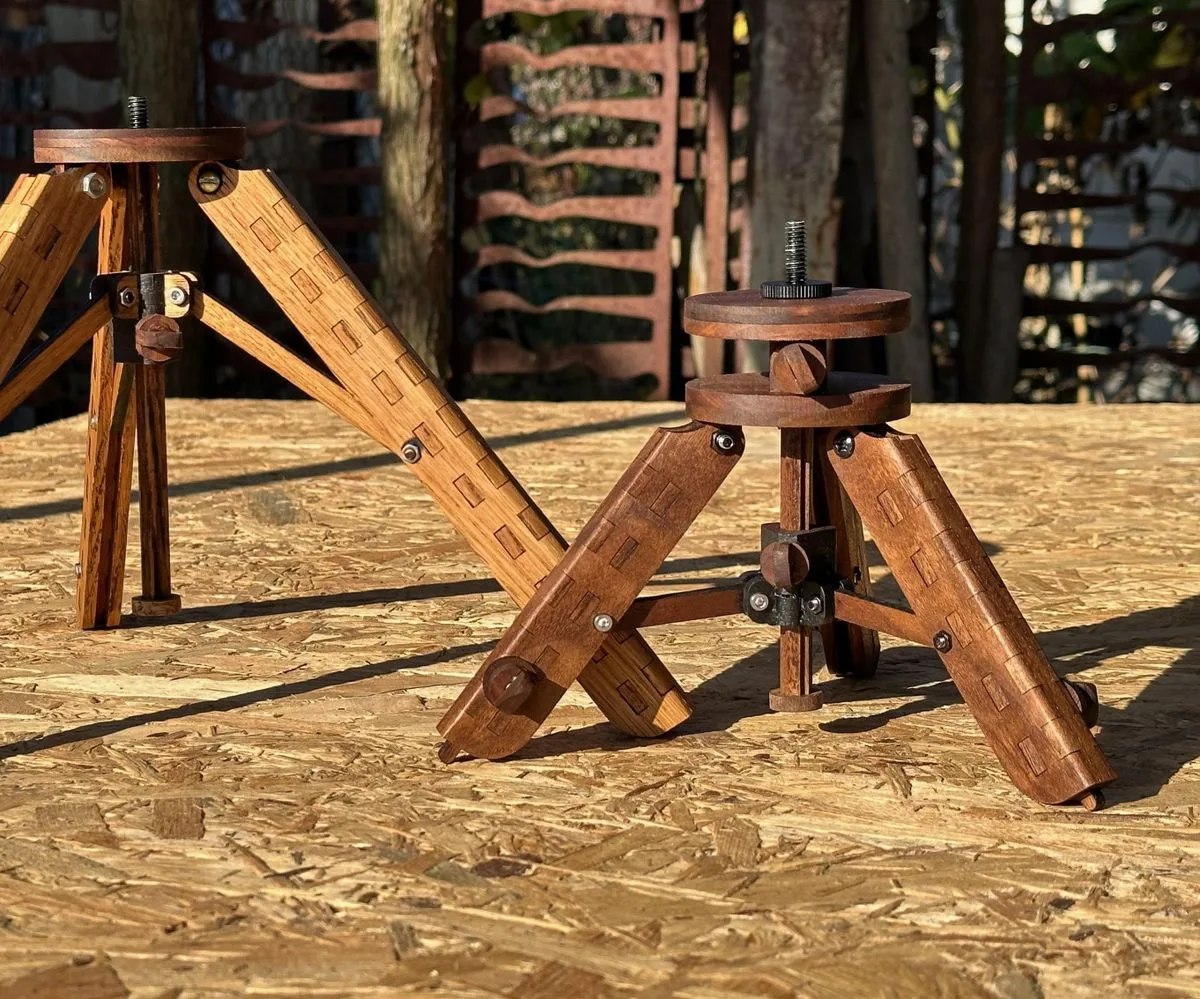 Foldable Wooden Tripod standing on the workbench
