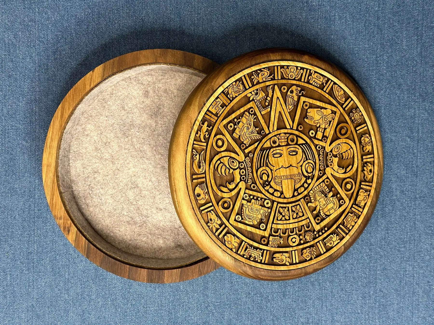 Round Maya / Aztec Jewelry Box: felt-lined interior with the lid open