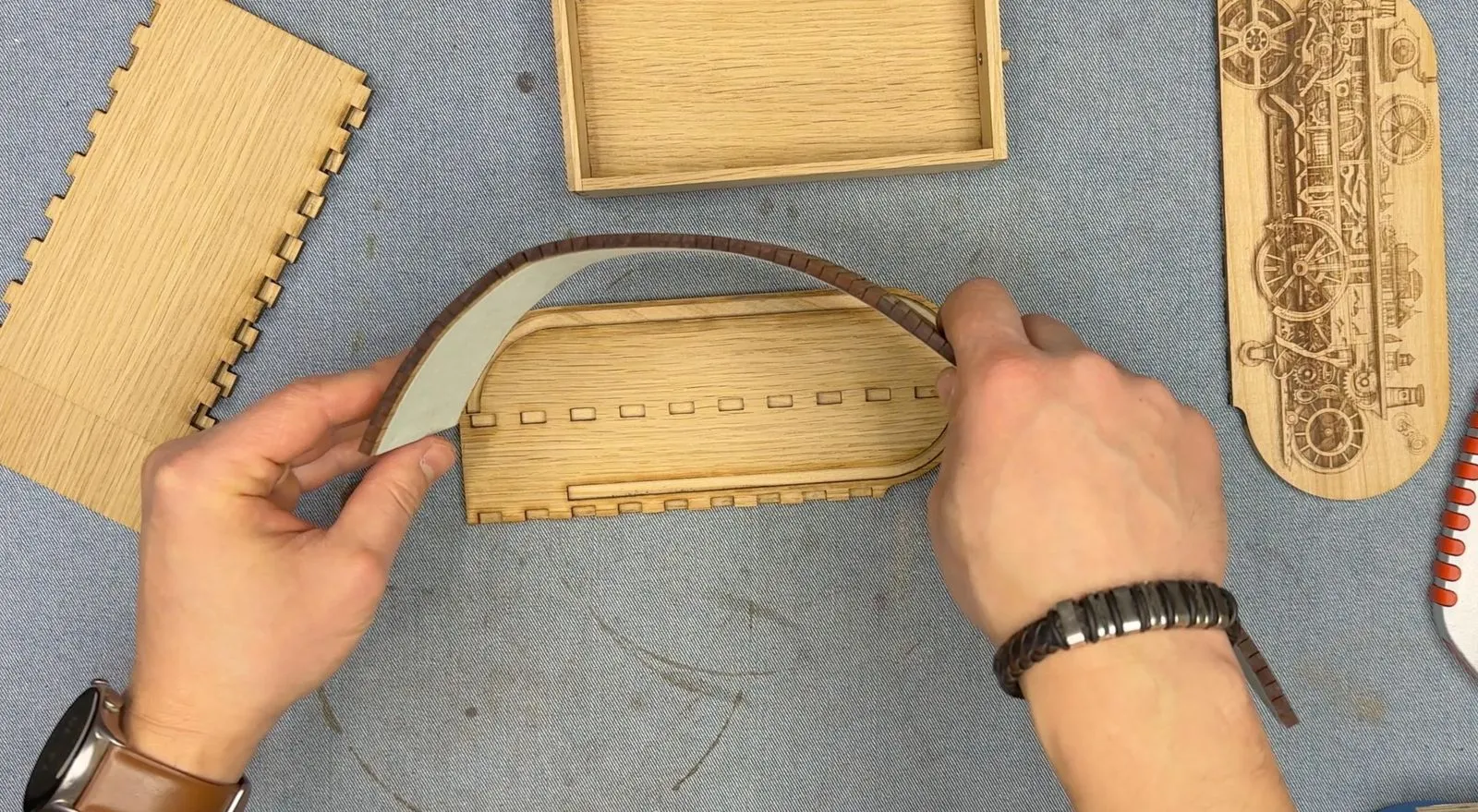 Steampunk Tambour Pencil Box: testing the tambour against the curved track