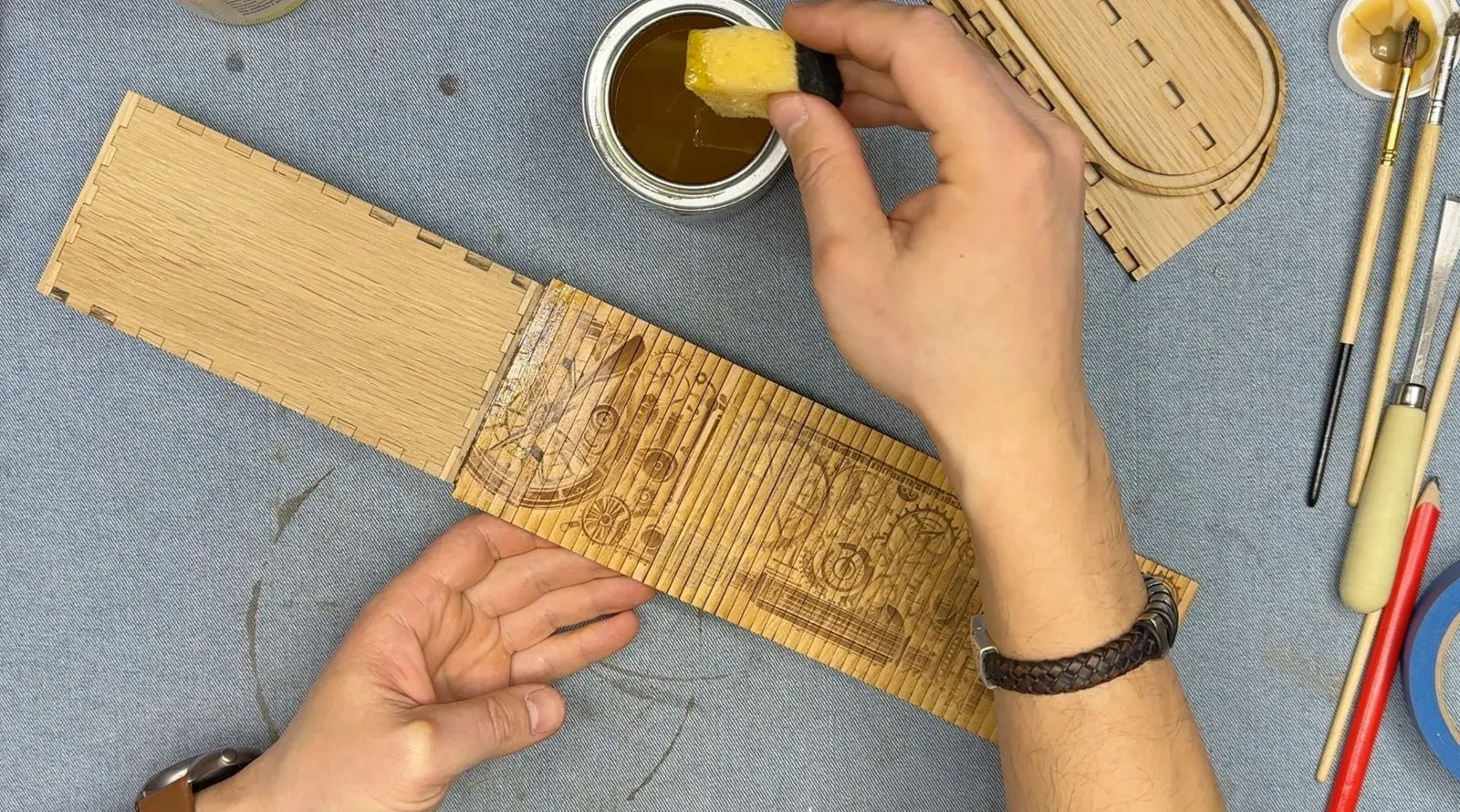 Steampunk Tambour Pencil Box: applying finish to the engraved side