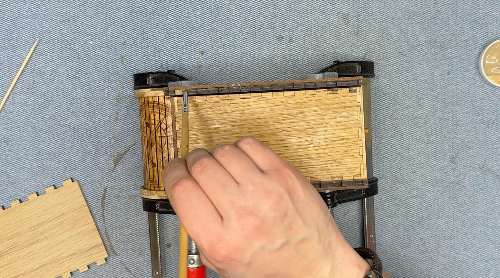 Steampunk Tambour Pencil Box: clamping the end panel during glue-up