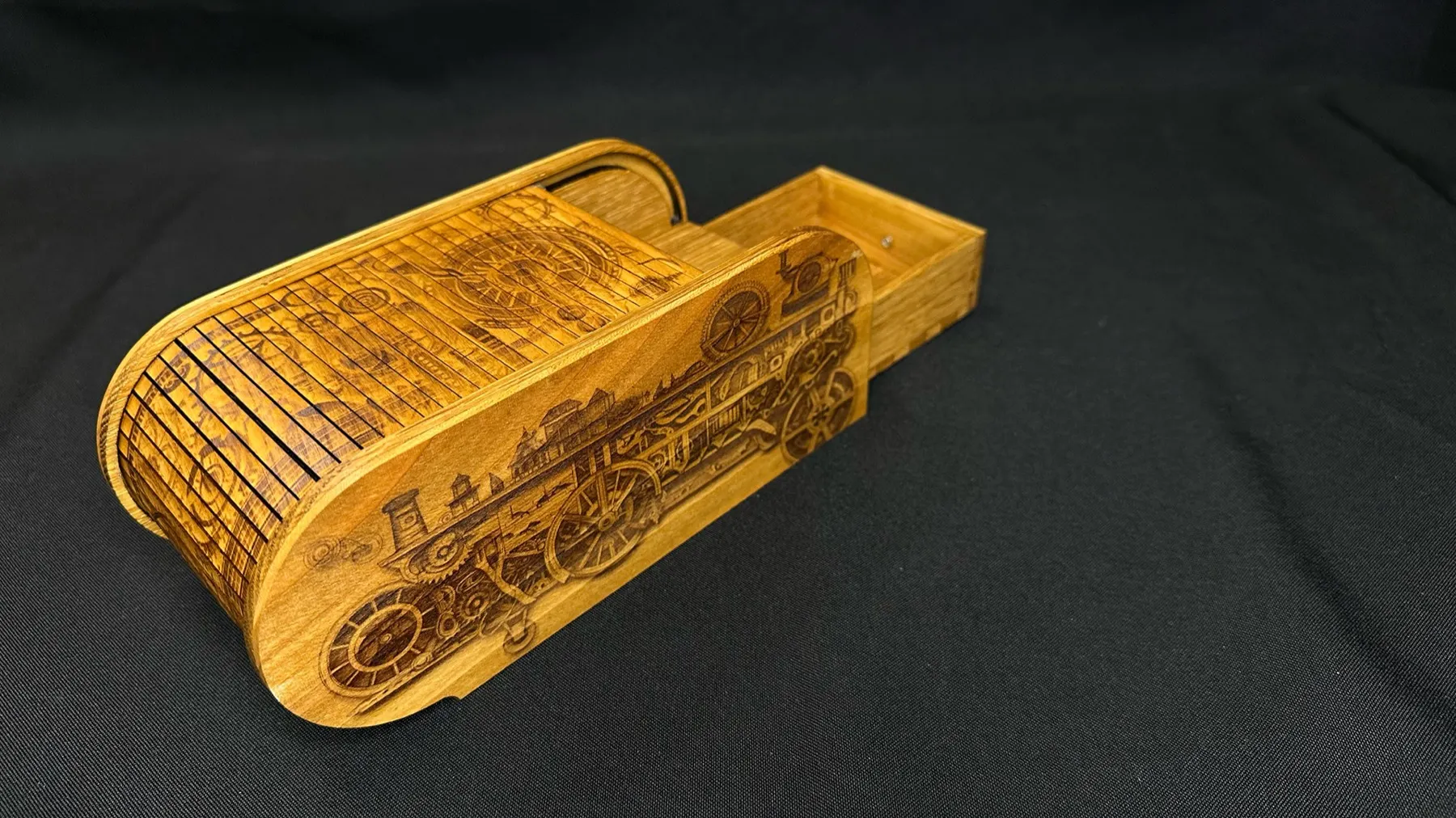 Steampunk Tambour Pencil Box: tambour lid wrapped around the curved end