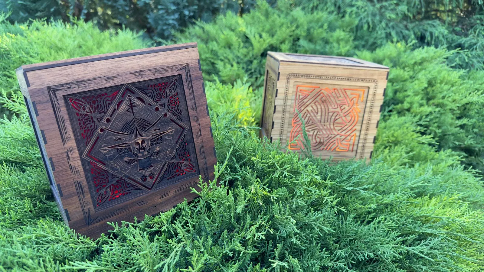 Gothic Sound-Reactive Lamp: two completed light boxes outdoors