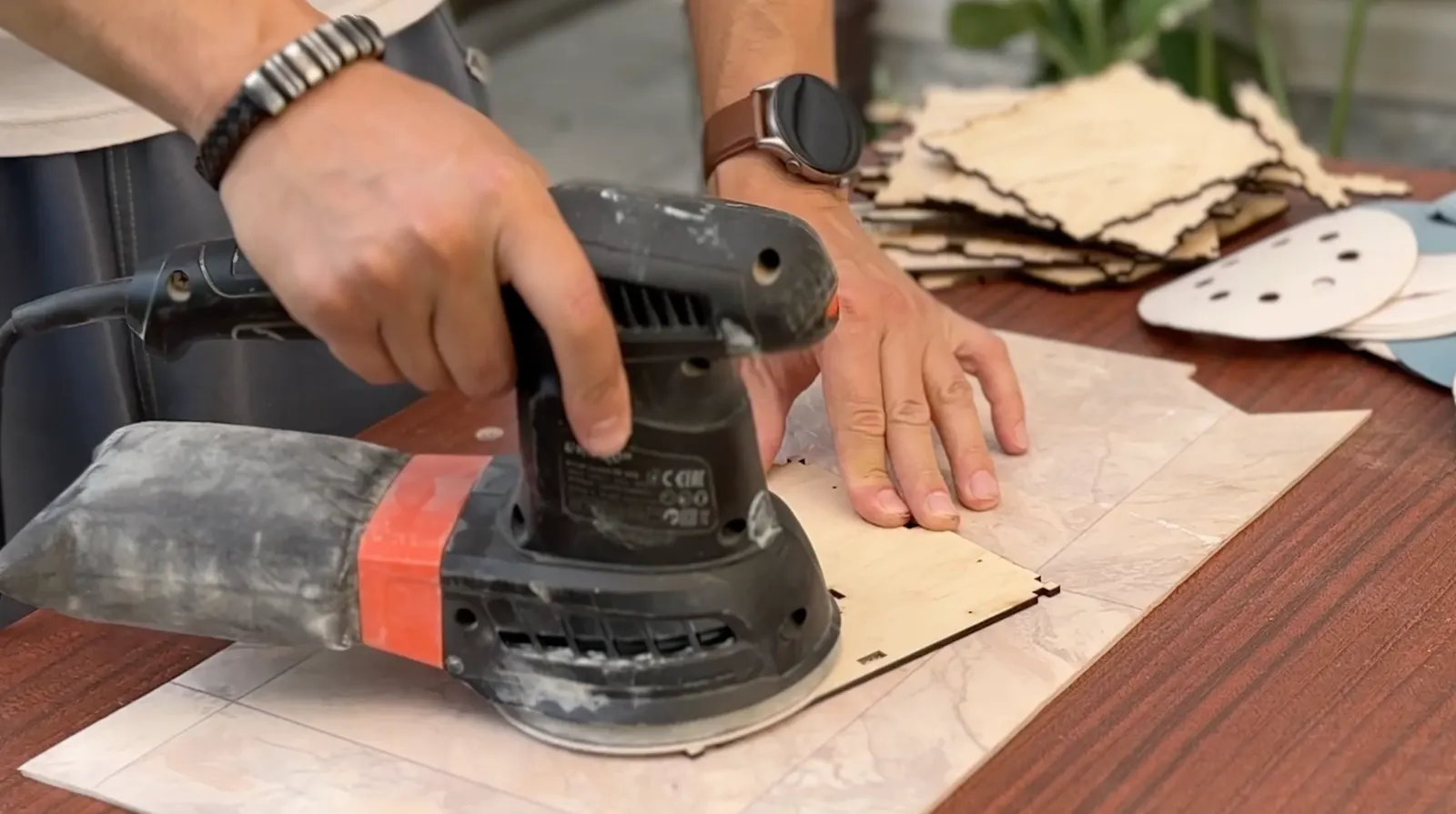Gothic Sound-Reactive Lamp: sanding the wooden panel surfaces