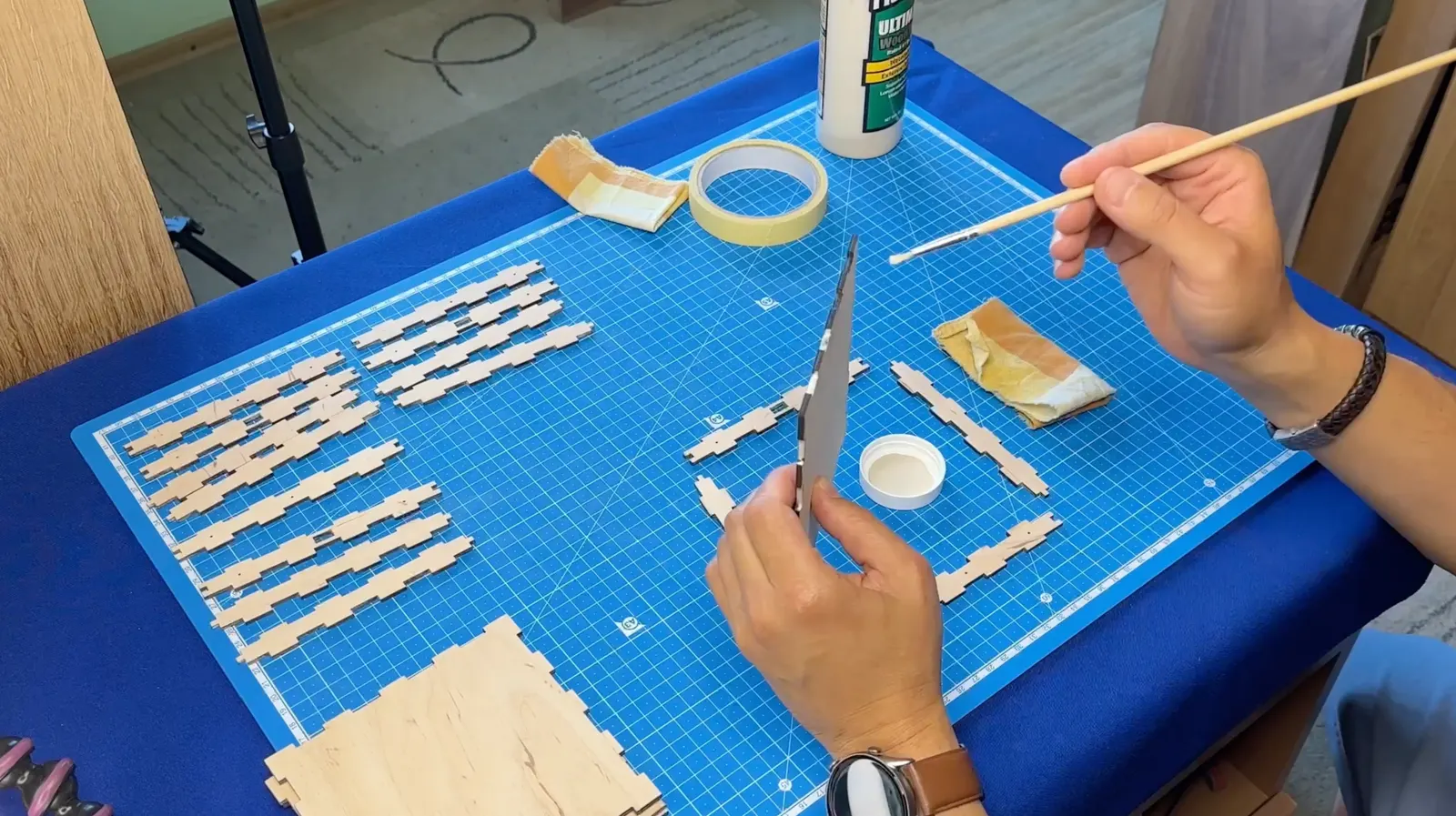 Gothic Sound-Reactive Lamp: applying finish to the narrow frame pieces