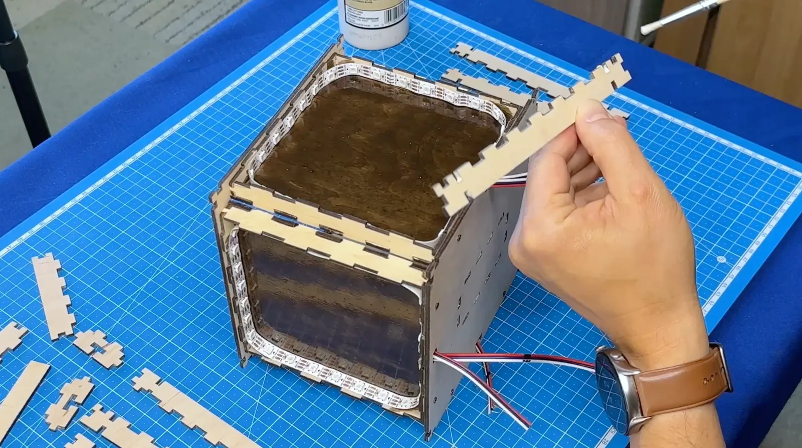 Gothic Sound-Reactive Lamp: sealing the assembled wooden shell