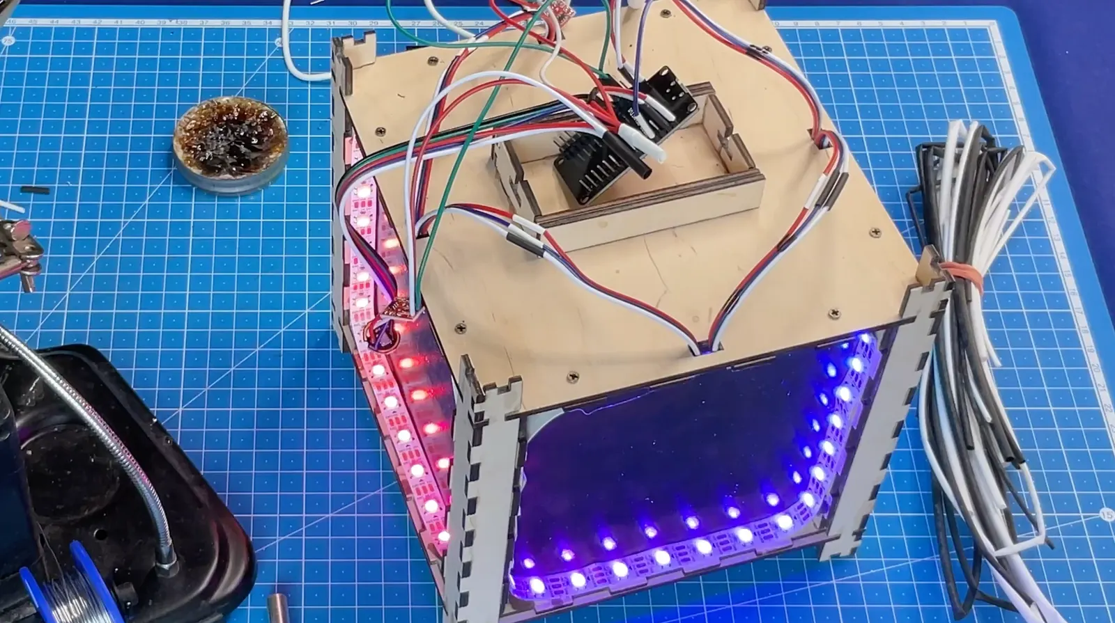 Gothic Sound-Reactive Lamp: addressable LEDs and wiring inside the box