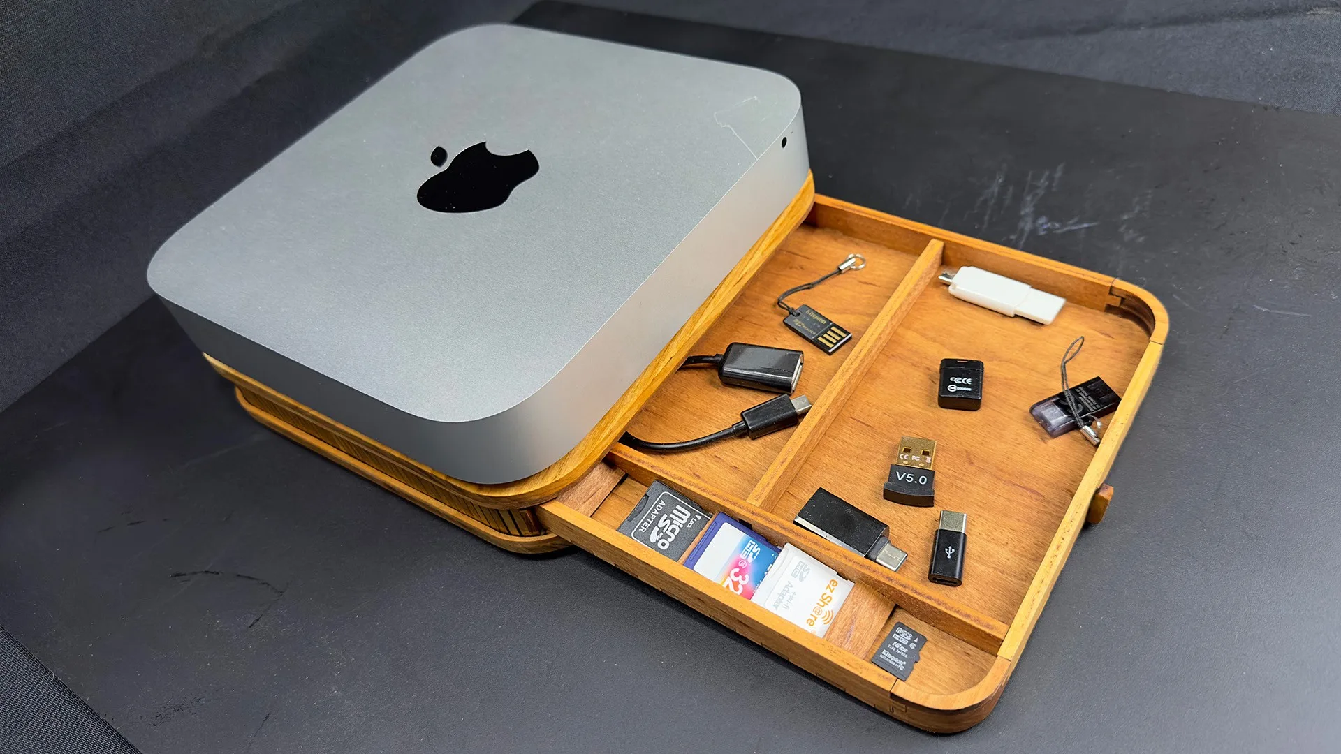 Mac mini on the finished tambour organiser