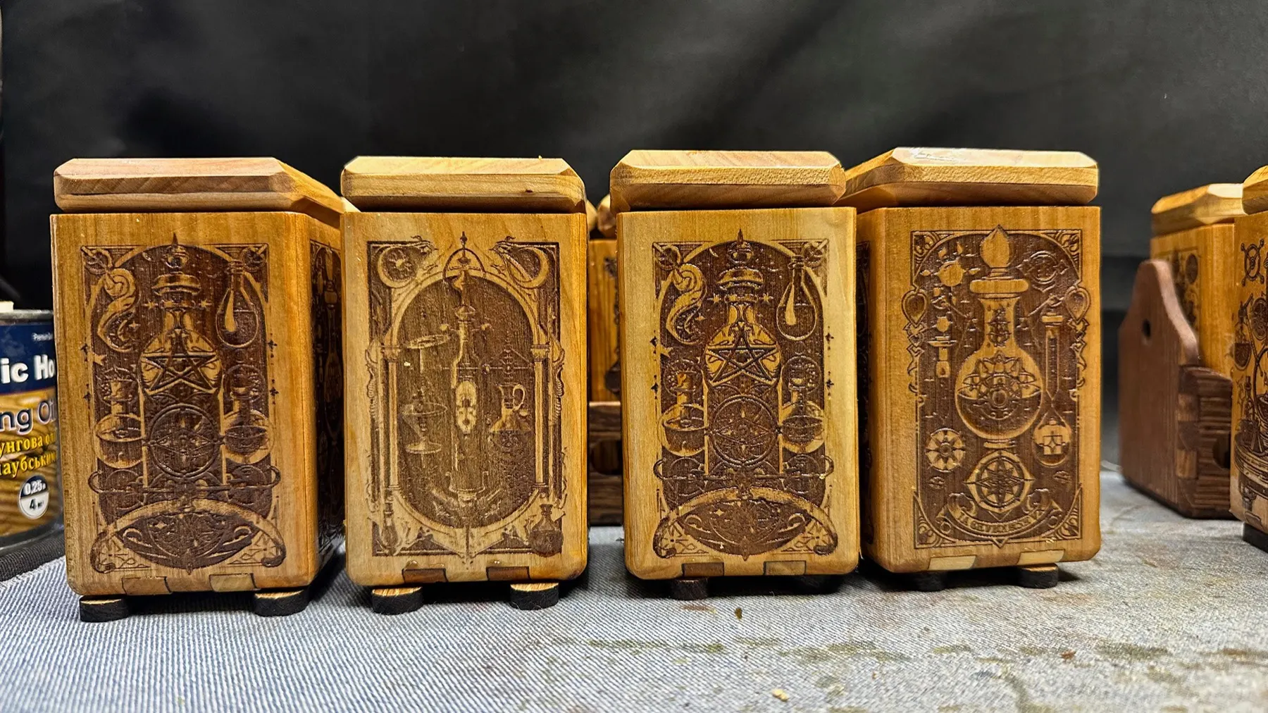 Alchemy Spice Carousel: four engraved spice boxes