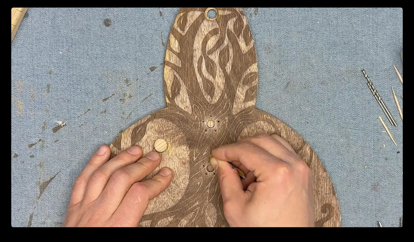 Alchemy Spice Carousel: installing decorative pins in the brace