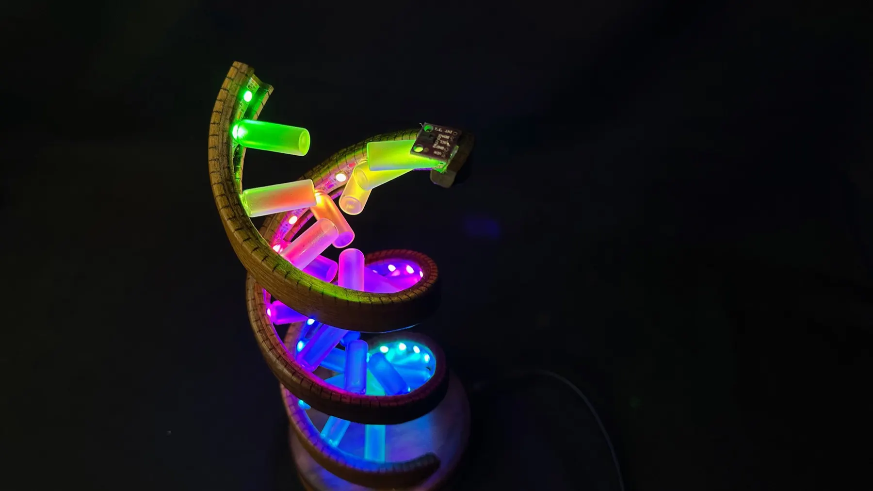 Gesture-Controlled DNA Lamp: lower helix with bottle diffusers installed