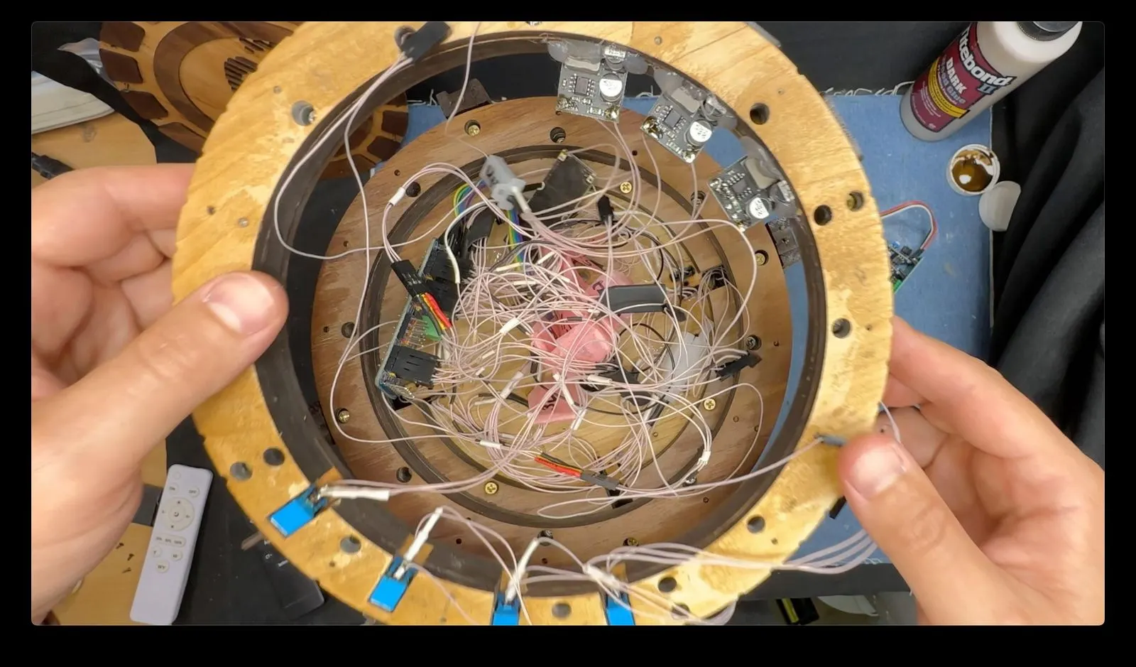 Wooden Reactor Simulator: final internal wiring before the shell closes