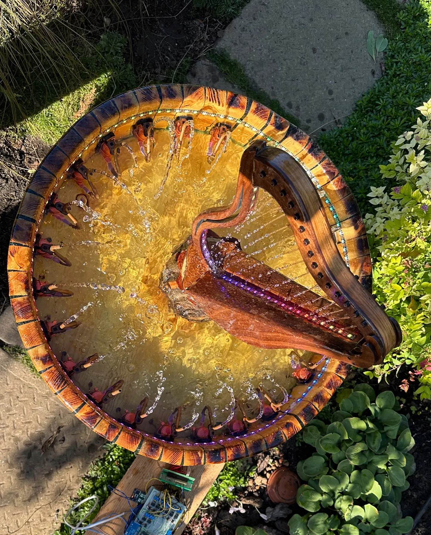 Animated Wooden Fountain: circular basin and harp viewed from above