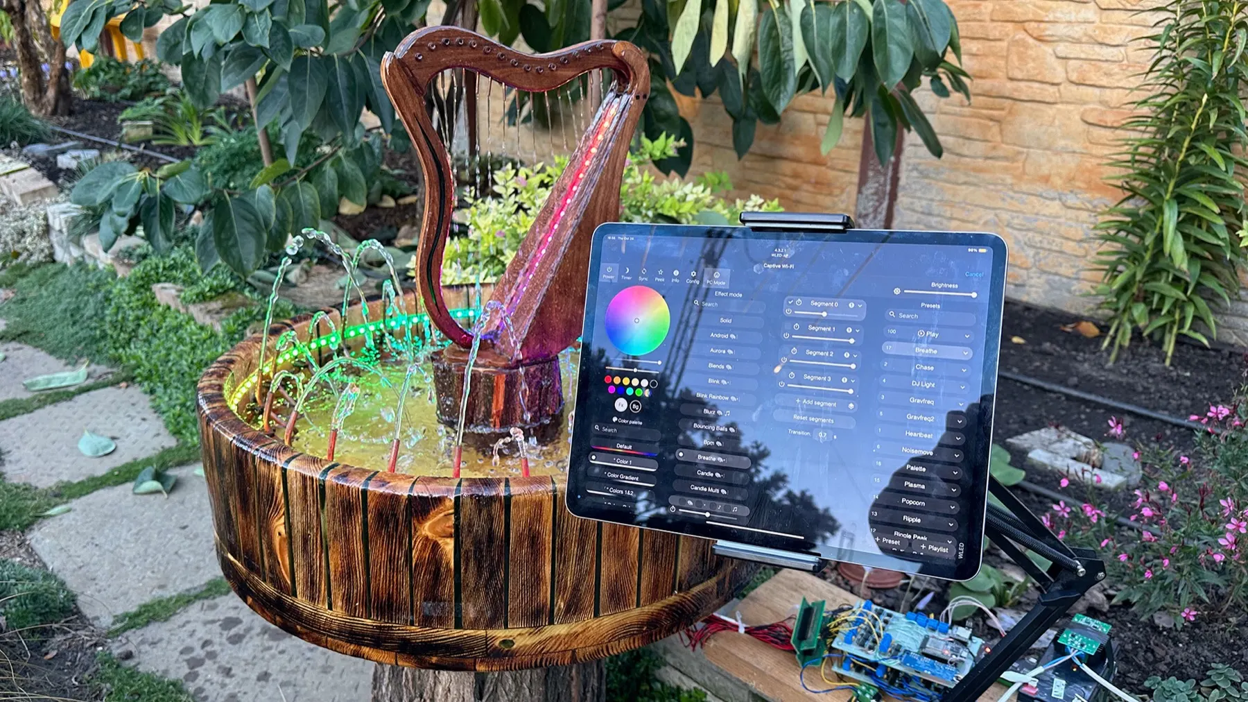 Animated Wooden Fountain: wLED control screen beside the running fountain