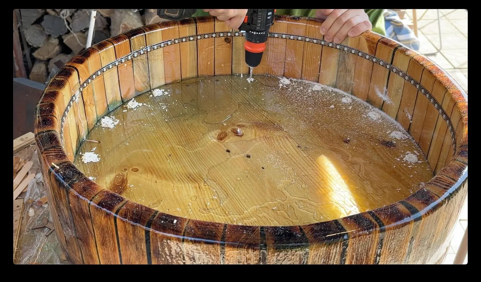 Animated Wooden Fountain: reservoir ready for pumps and plumbing