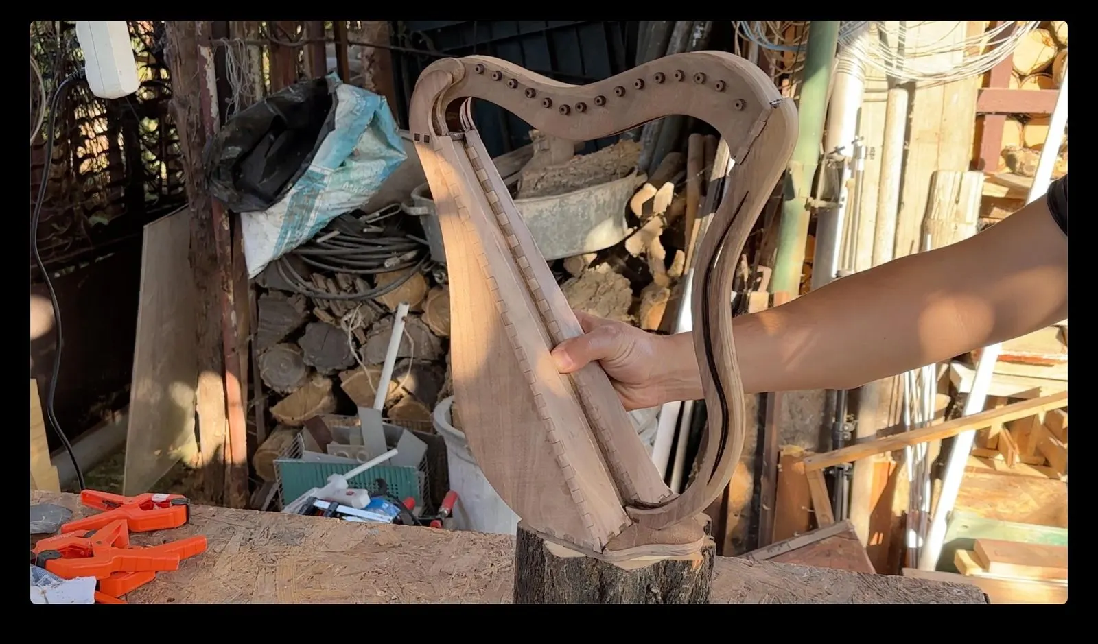 Animated Wooden Fountain: dry fitting the walnut harp frame
