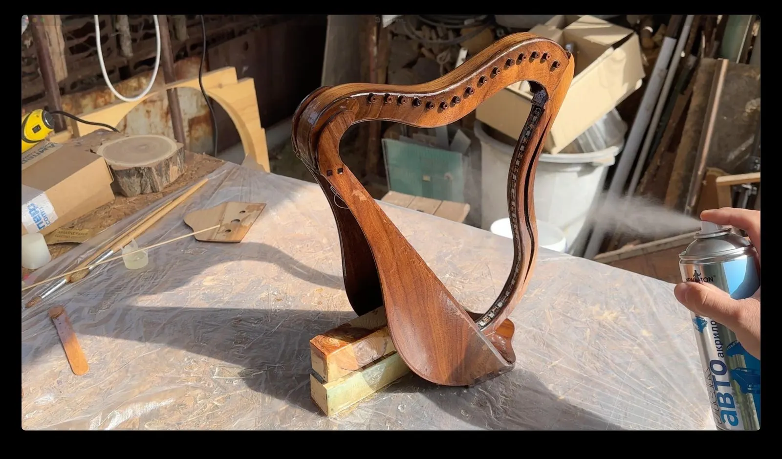 Animated Wooden Fountain: sanding the harp frame before final assembly
