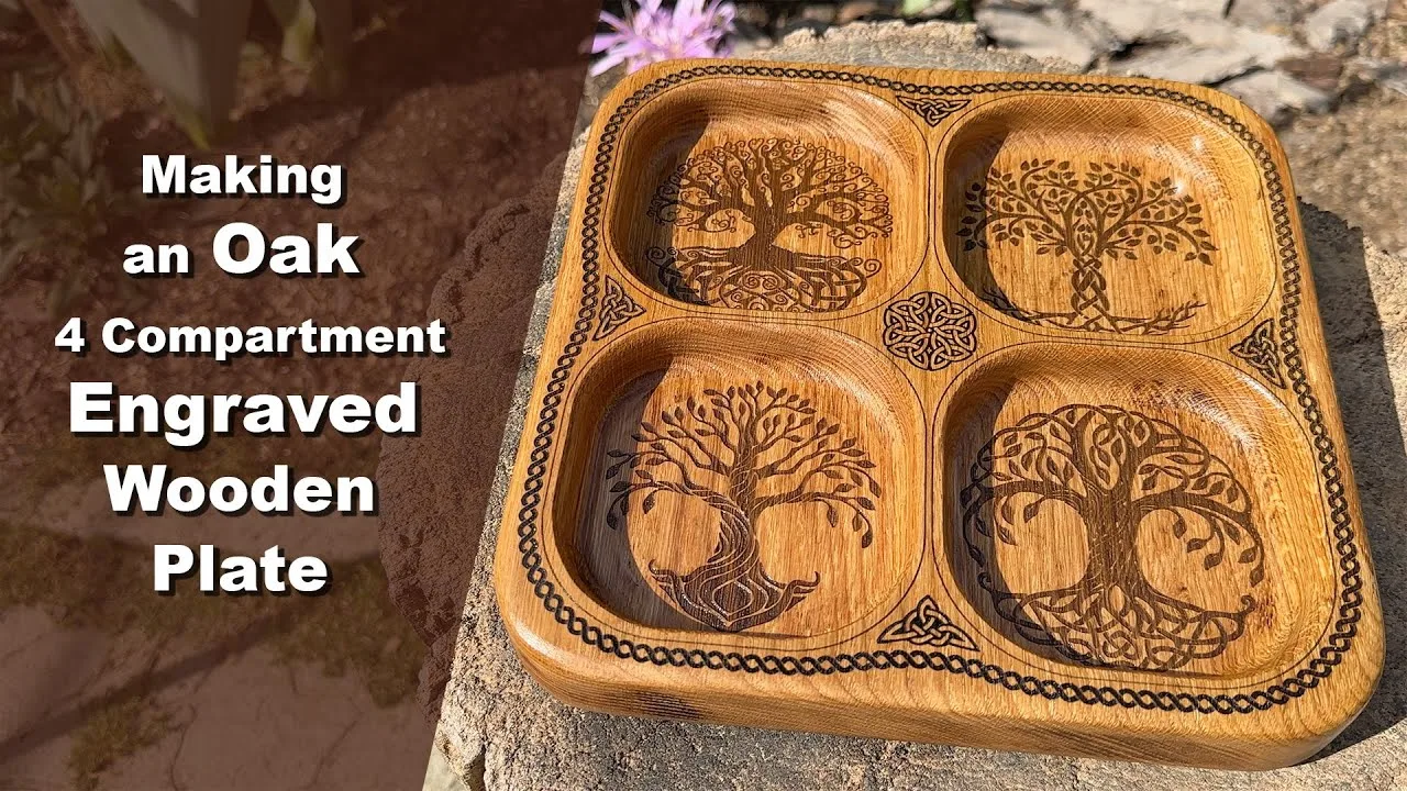 Oak plate with four carved compartments and Tree of Life engravings