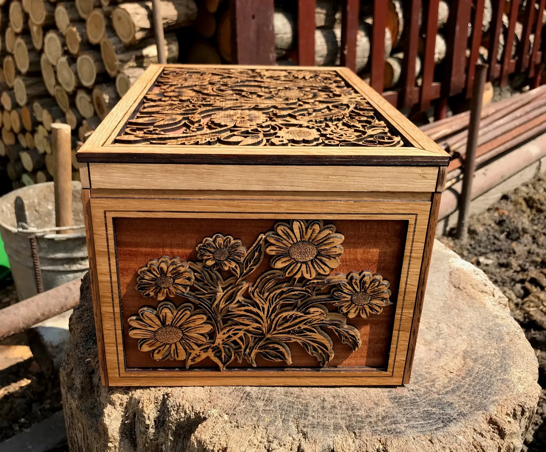 Big Floral Jewelry Box: side panel with leaves and flowers